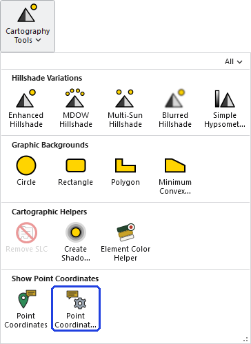 The Cartography Tools gallery open on the ribbon, with the Point Coordinates Settings button, in the Show Point Coordinates row, outlined in blue