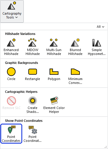 The Cartography Tools gallery open on the ribbon, with the Point Coordinates button, in the Show Point Coordinates row, outlined in blue