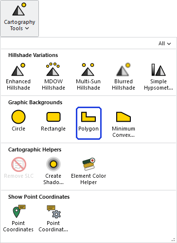 The Cartography Tools gallery open on the ribbon, with the Polygon button, in the Graphic Backgrounds row, outlined in blue