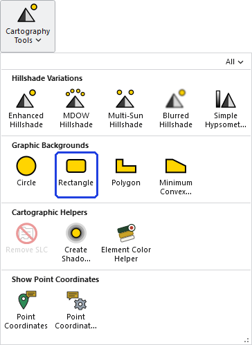The Cartography Tools gallery open on the ribbon, with the Rectangle button, in the Graphic Backgrounds row, outlined in blue