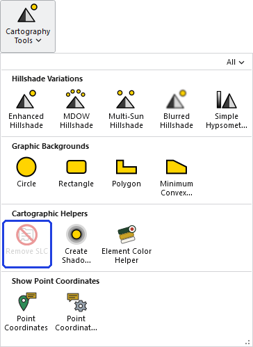The Cartography Tools gallery open on the ribbon, with the Remove SLC button, in the Cartographic Helpers row, outlined in blue