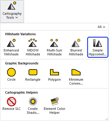 The Cartography Tools gallery open on the ribbon, with the Simple Hypsometric Shading button, in the Hillshade Variations row, outlined in blue