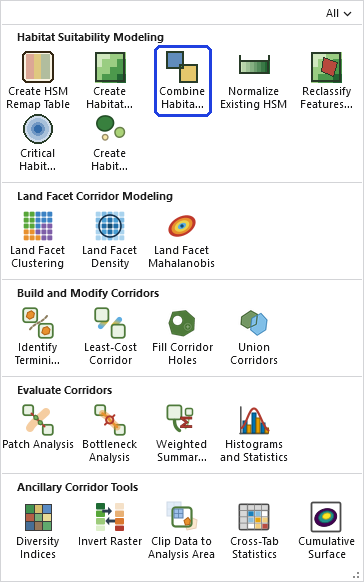 The Corridor Designer Tools gallery open on the ribbon, with the Combine Habitat Factors button, in the Habitat Suitability Modeling row, outlined in blue