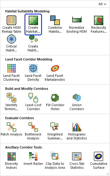 The Corridor Designer Tools gallery open on the ribbon, with the Create Habitat Suitability Model button, in the Habitat Suitability Modeling row, outlined in blue