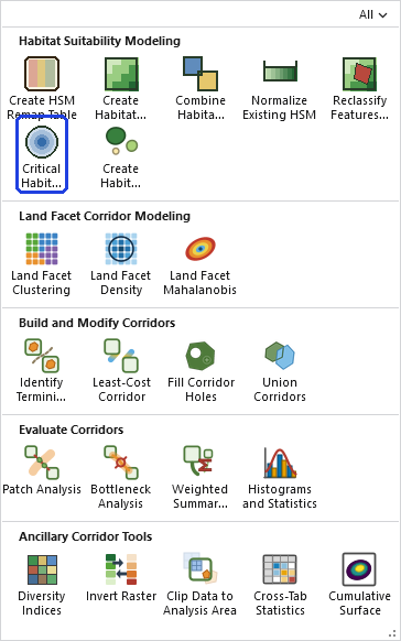 The Corridor Designer Tools gallery open on the ribbon, with the Critical Habitat Feature button, in the Habitat Suitability Modeling row, outlined in blue