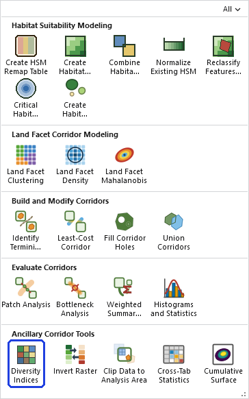The Corridor Designer Tools gallery open on the ribbon, with the Diversity Indices button, in the Ancillary Corridor Tools row, outlined in blue