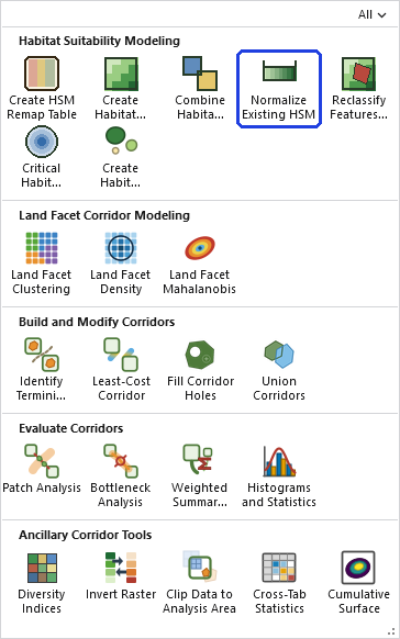 The Corridor Designer Tools gallery open on the ribbon, with the Normalize Existing HSM button, in the Habitat Suitability Modeling row, outlined in blue