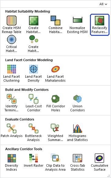 The Corridor Designer Tools gallery open on the ribbon, with the Reclassify Features in HSM button, in the Habitat Suitability Modeling row, outlined in blue
