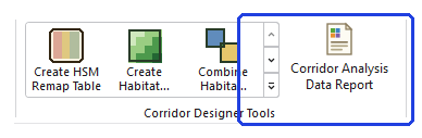 The Corridor Designer Tools group of the ribbon, with the Corridor Analysis Data Report button outlined in blue