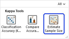 The Ecological Analysis gallery open on the ribbon, with the Estimate Sample Size button, in the Kappa Tools row, outlined in blue