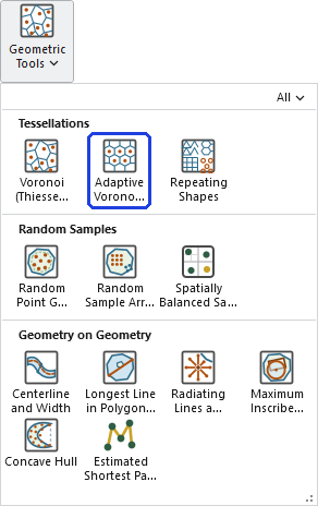 The Geometric Tools gallery open on the ribbon, with the Adaptive Voronoi Polygons button, in the Tessellations row, outlined in blue
