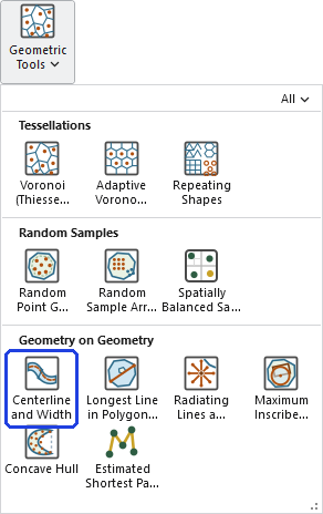 The Geometric Tools gallery open on the ribbon, with the Centerline and Width button, in the Geometry on Geometry row, outlined in blue