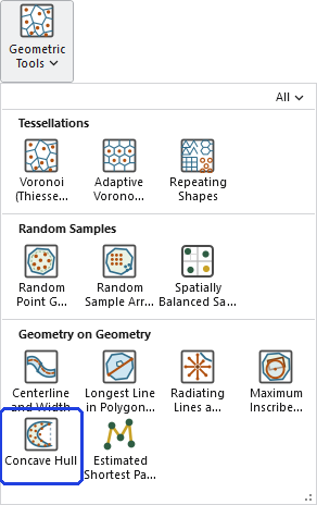 The Geometric Tools gallery open on the ribbon, with the Concave Hull button, in the Geometry on Geometry row, outlined in blue