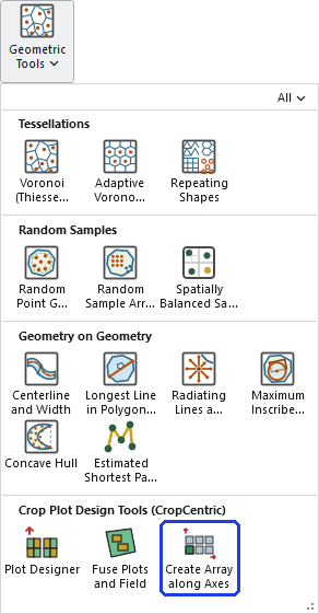 The Geometric Tools gallery open on the ribbon, with the Create Array along Axes button, in the Crop Plot Design Tools (CropCentric) row, outlined in blue