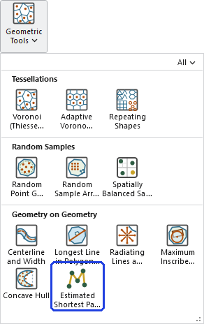 The Geometric Tools gallery open on the ribbon, with the Estimated Shortest Path through Points button, in the Geometry on Geometry row, outlined in blue