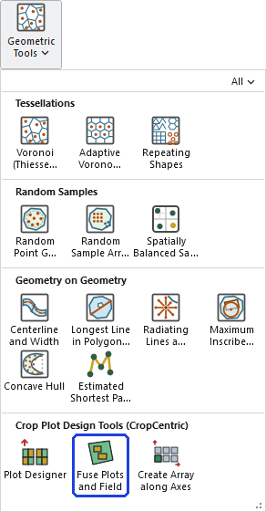 The Geometric Tools gallery open on the ribbon, with the Fuse Plots and Field button, in the Crop Plot Design Tools (CropCentric) row, outlined in blue