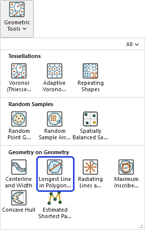 The Geometric Tools gallery open on the ribbon, with the Longest Line in Polygon (Fetch) button, in the Geometry on Geometry row, outlined in blue