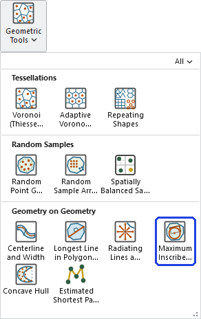 The Geometric Tools gallery open on the ribbon, with the Maximum Inscribed Geometry button, in the Geometry on Geometry row, outlined in blue