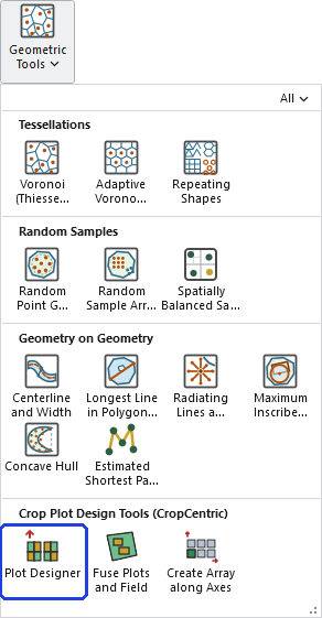 The Geometric Tools gallery open on the ribbon, with the Plot Designer button, in the Crop Plot Design Tools (CropCentric) row, outlined in blue