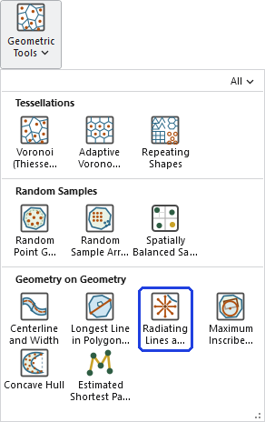 The Geometric Tools gallery open on the ribbon, with the Radiating Lines and Points button, in the Geometry on Geometry row, outlined in blue