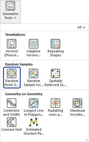 The Geometric Tools gallery open on the ribbon, with the Random Point Generator button, in the Random Samples row, outlined in blue
