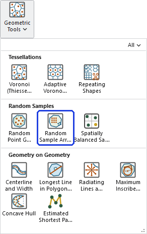 The Geometric Tools gallery open on the ribbon, with the Random Sample Array Generator button, in the Random Samples row, outlined in blue