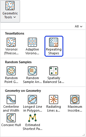 The Geometric Tools gallery open on the ribbon, with the Repeating Shapes button, in the Tessellations row, outlined in blue