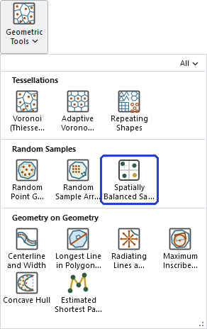 The Geometric Tools gallery open on the ribbon, with the Spatially Balanced Sample (GRTS) button, in the Random Samples row, outlined in blue