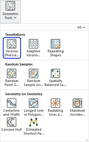 The Geometric Tools gallery open on the ribbon, with the Voronoi (Thiessen) Polygons button, in the Tessellations row, outlined in blue