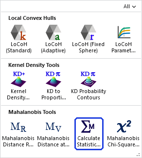 The Home Range Tools gallery open on the ribbon, with the Calculate Statistical Matrices button, in the Mahalanobis Tools row, outlined in blue