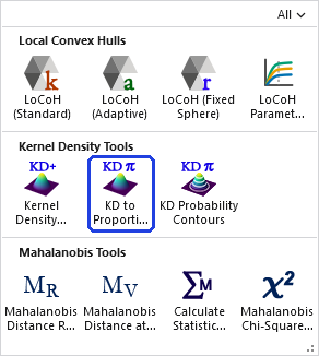 The Home Range Tools gallery open on the ribbon, with the KD to Proportion Surface button, in the Kernel Density Tools row, outlined in blue