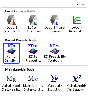 The Home Range Tools gallery open on the ribbon, with the Kernel Density Enhanced button, in the Kernel Density Tools row, outlined in blue