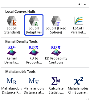 The Home Range Tools gallery open on the ribbon, with the LoCoH (Adaptive) button, in the Local Convex Hulls row, outlined in blue