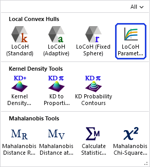 The Home Range Tools gallery open on the ribbon, with the LoCoH Parameter Explorer button, in the Local Convex Hulls row, outlined in blue