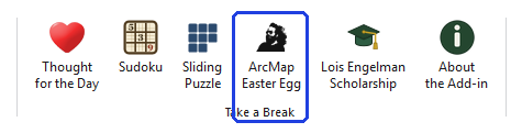 The Take a Break group of the ribbon, with the ArcMap Easter Egg button outlined in blue