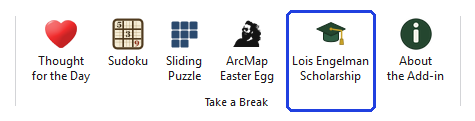 The Take a Break group of the ribbon, with the Lois Engelman Scholarship button outlined in blue
