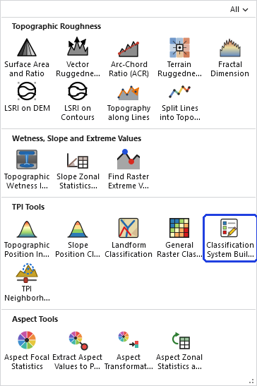 The Topographic Analysis Tools gallery open on the ribbon, with the Classification System Builder button, in the TPI Tools row, outlined in blue