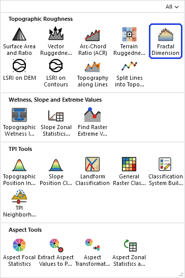 The Topographic Analysis Tools gallery open on the ribbon, with the Fractal Dimension button, in the Topographic Roughness row, outlined in blue