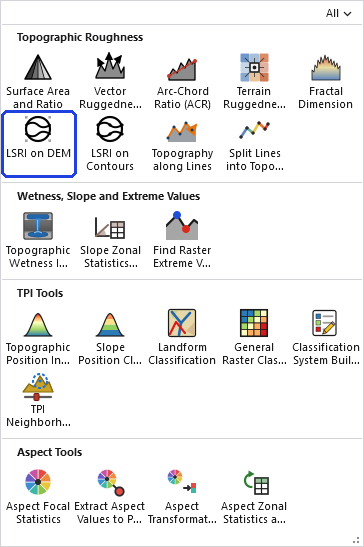 The Topographic Analysis Tools gallery open on the ribbon, with the LSRI on DEM button, in the Topographic Roughness row, outlined in blue