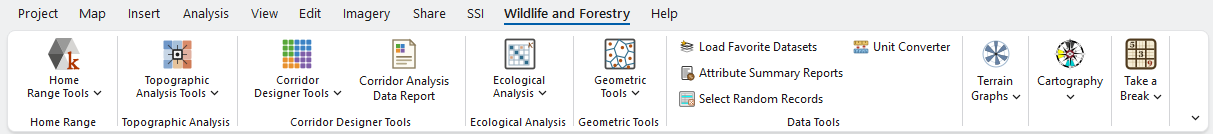 The Wildlife and Forestry tab of the ArcGIS Pro ribbon: the Home Range, Topographic Analysis, Corridor Designer Tools, Ecological Analysis and Geometric Tools galleries, the Data Tools buttons (Load Favorite Datasets, Attribute Summary Reports, Select Random Records, Unit Converter), and the Terrain Graphs, Cartography and Take a Break galleries