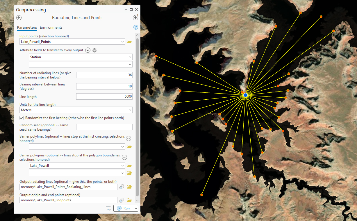 A point on the dark water of Lake Powell with 36 yellow lines radiating outward across the lake, each stopping with an orange endpoint where it reaches the winding canyon shoreline, beside the geoprocessing pane showing the Lake Powell polygon supplied as a barrier polygon and a 5000 meter line length with the first bearing randomized