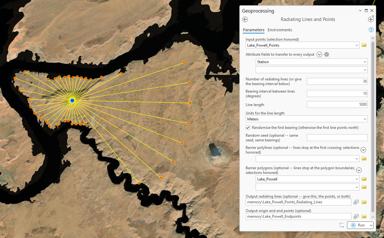 A point on bare desert ground beside Lake Powell with 36 yellow radiating lines: the lines heading west stop almost immediately at the near shoreline with a tight cluster of orange endpoints, while the lines heading east and south run much farther across open ground, several ending where they meet a winding river channel