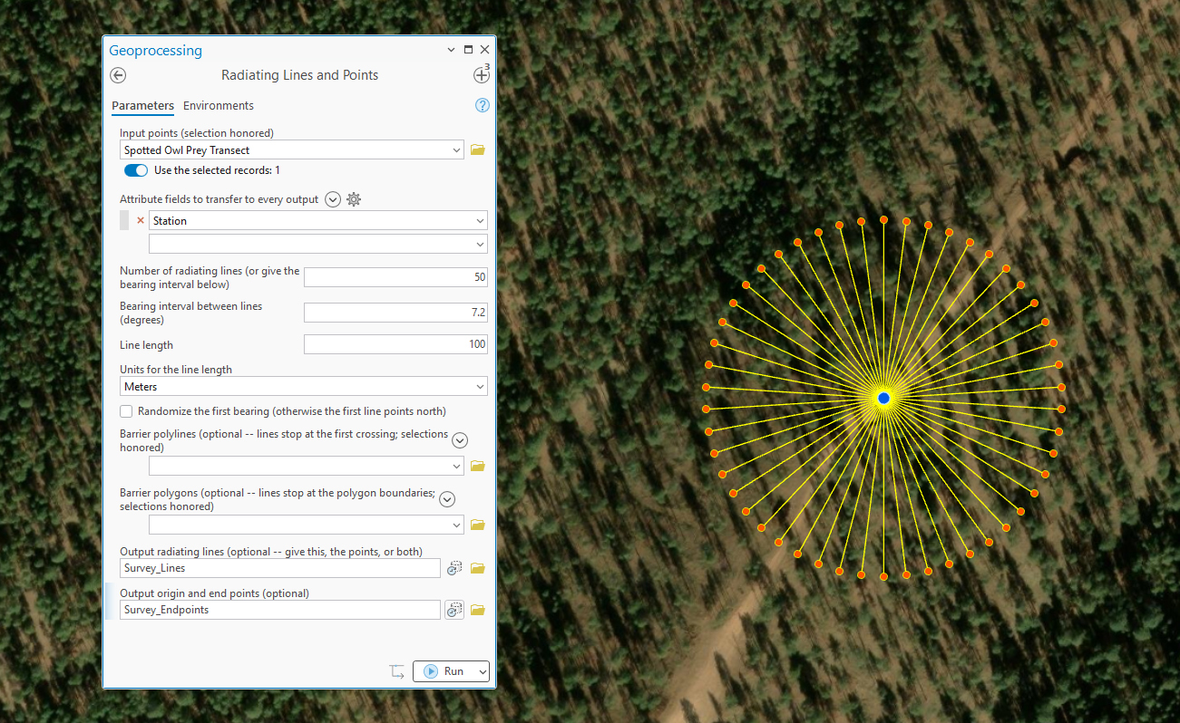 A forested hillside in aerial imagery with fifty yellow lines radiating from a blue origin point, each ending at an orange endpoint dot, beside the Radiating Lines and Points geoprocessing pane filled with 50 lines, a 7.2 degree interval, a 100 meter length, and Survey_Lines and Survey_Endpoints as the outputs
