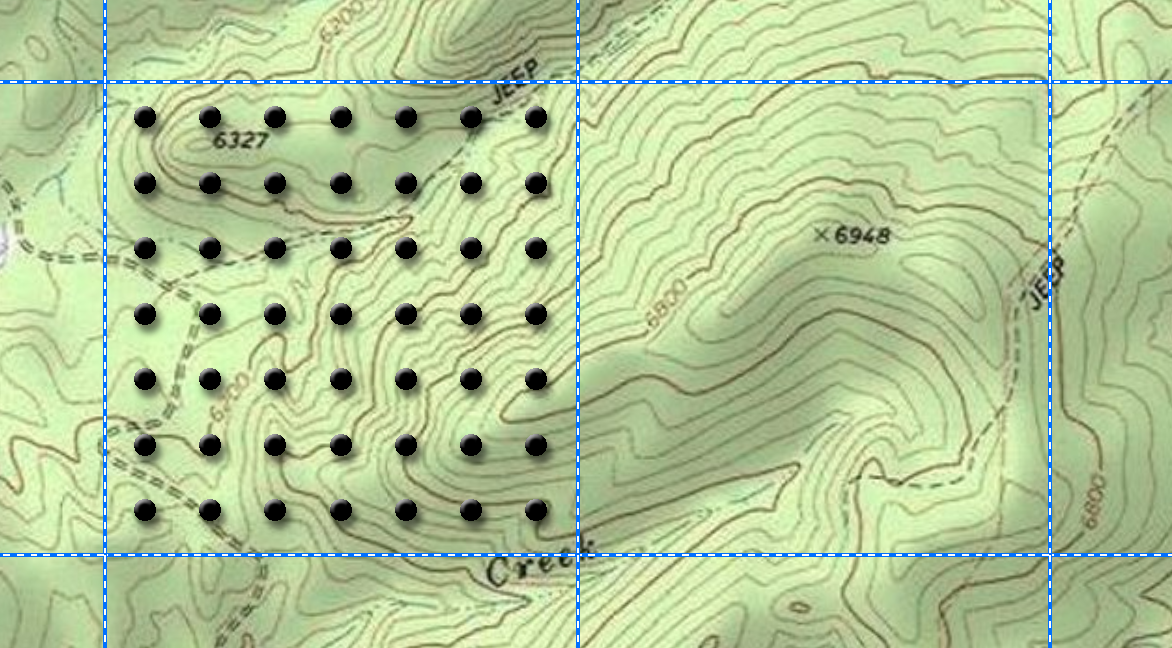 The same topographic map with a 7-by-7 grid of black dots laid over one sample cell; counting the dots that land on a contour line estimates the contour length in that cell