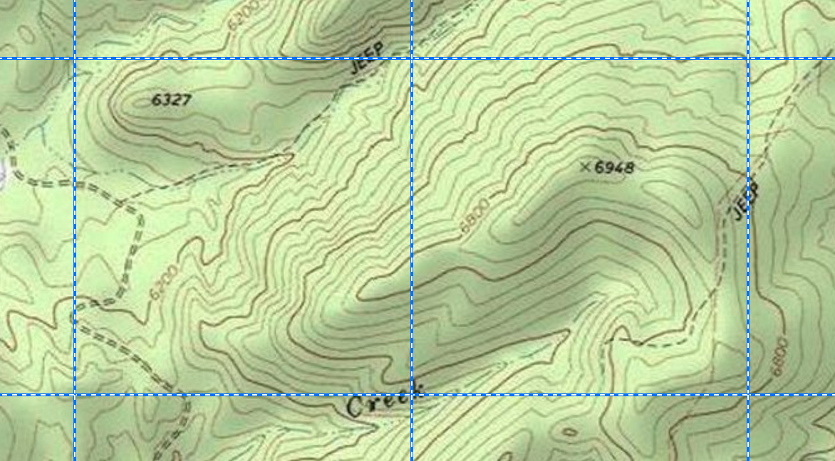 A section of a 7.5-minute USGS topographic map with brown contour lines, overlaid with a blue dashed grid of square sample cells; the cells over the steep hillside are crowded with contour lines and the cells over the flatter ground hold only a few