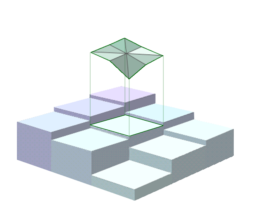 The nine cells as columns, with the eight trimmed triangles lifted above the central cell as a small draped surface whose outline exactly matches the cell's square boundary