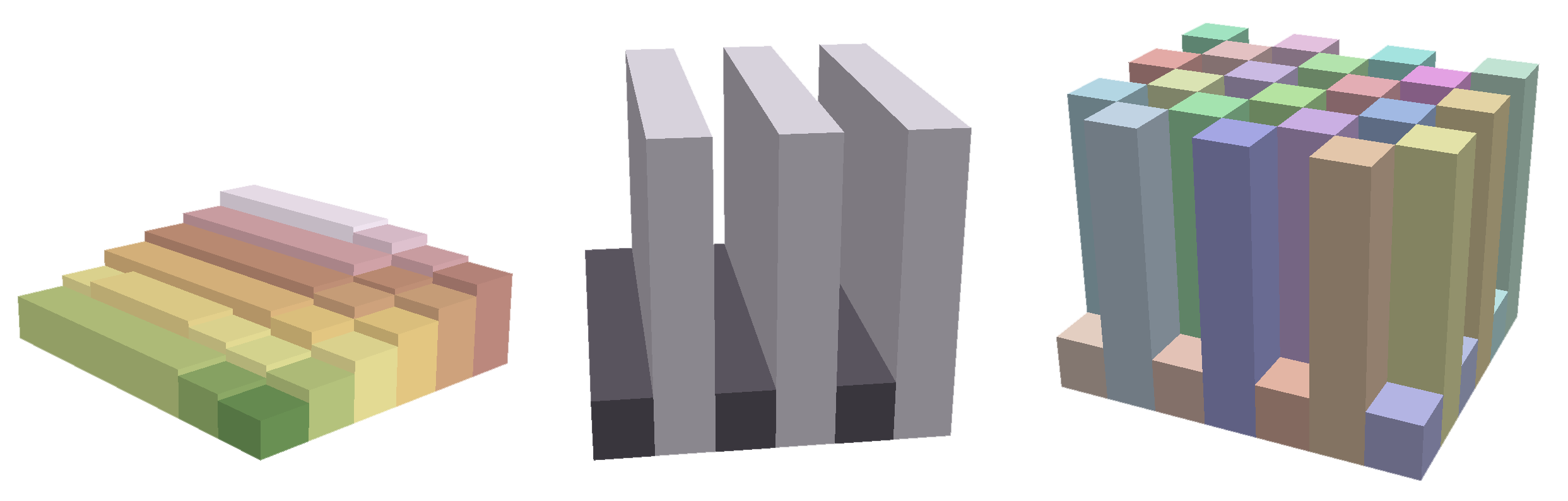 Three blocks of DEM cells: a smooth ramp, a set of tall parallel ridges, and a checkerboard of tall and short columns