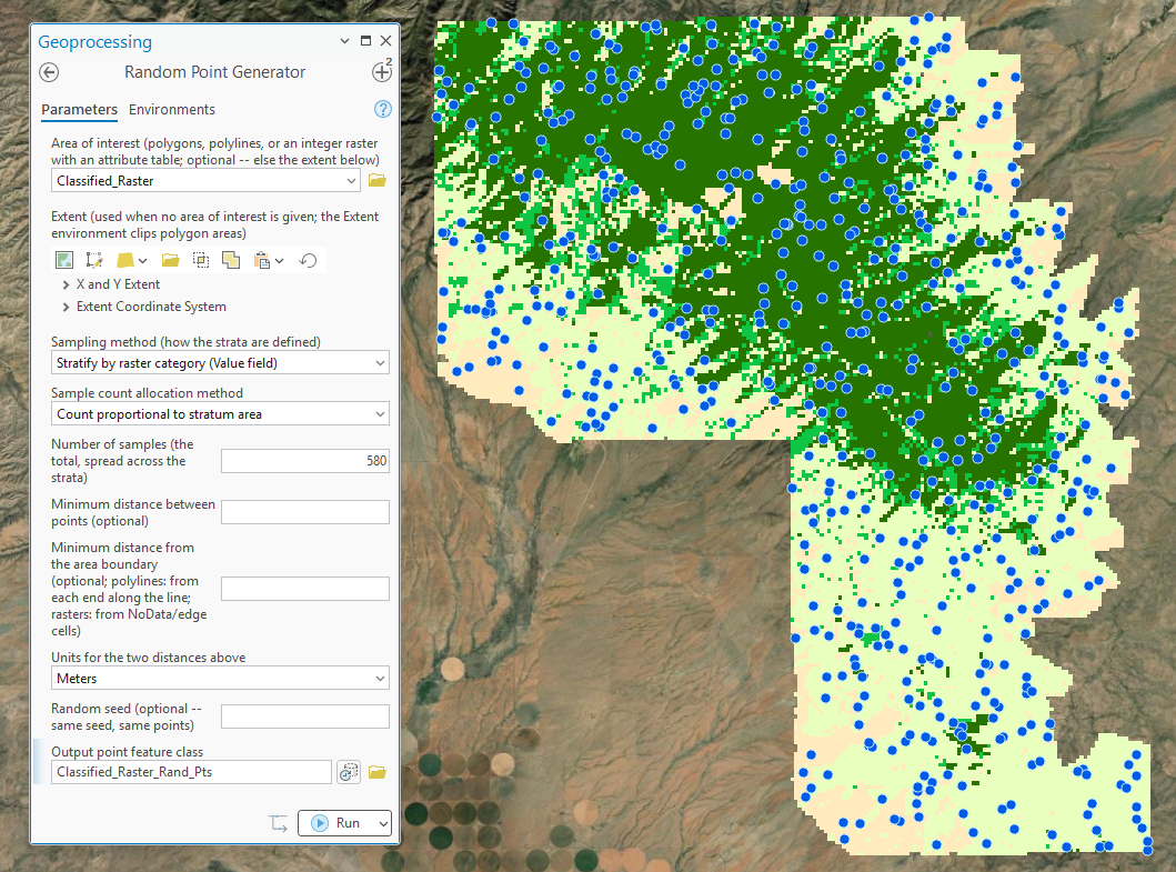 The Random Point Generator dialog set to stratify by raster category with counts proportional to stratum area and 580 samples, beside a map of the classified raster covered by the resulting random points