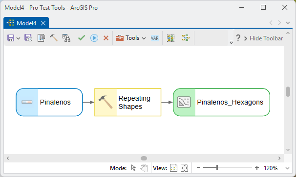 A ModelBuilder model with the boundary polygon feeding the Repeating Shapes tool, producing the hexagons feature class