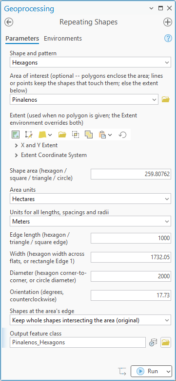 The Repeating Shapes tool in the standard geoprocessing pane: a vertical list of parameters with the hexagon measures filled in